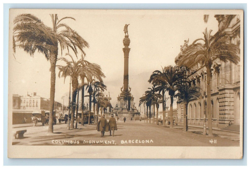 c1920's View Of Columbus Monument Barcelona Spain  RPPC Photo Vintage Postcard