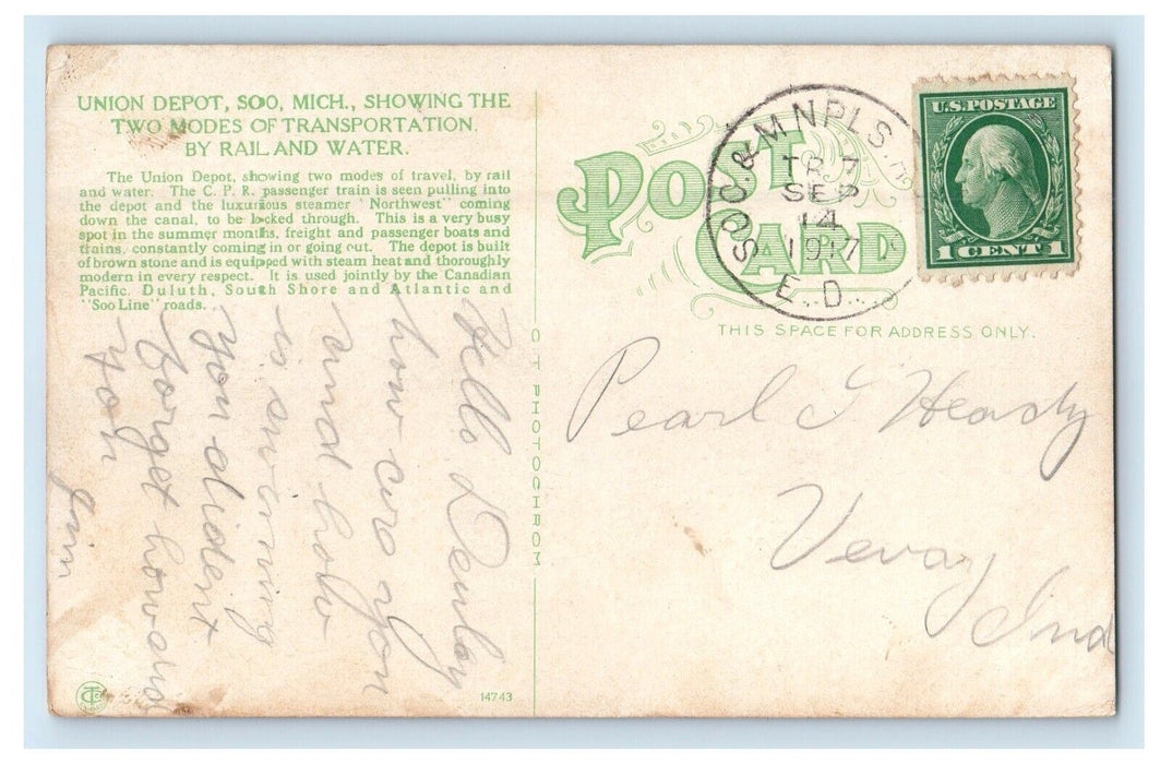 1917 Union Depot Soo Michigan Two Modes Transportation By Rail Water Postcard