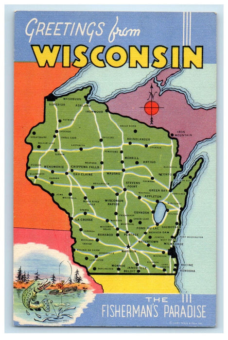 c1950s The Fisherman's Paradise, Greetings from Wisconsin WI Unposted Postcard