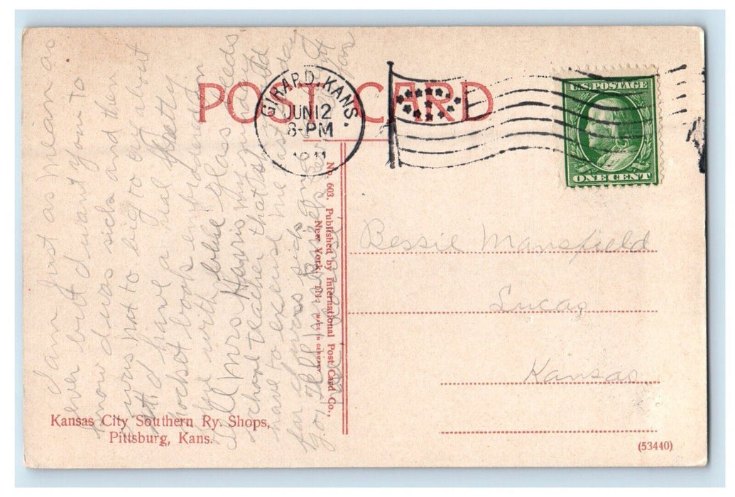 1911 Kansas City Southern Ry. Shops Railroad Pittsburg Kansas KS Posted Postcard