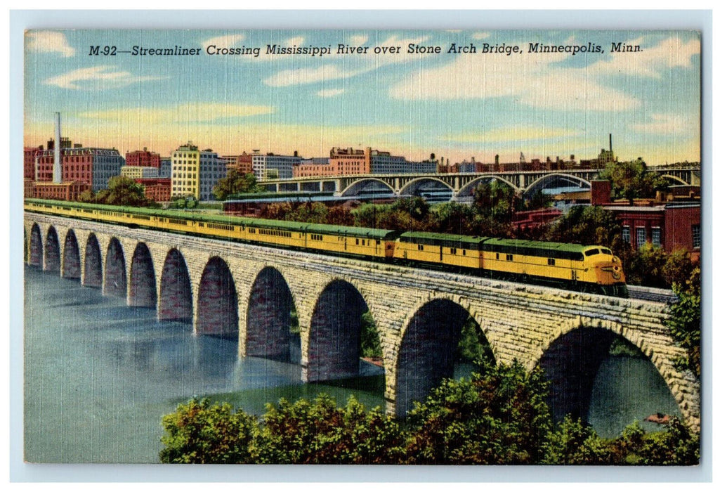 c1930s Streamliner, Mississippi River Stone Arch Bridge Minneapolis MN Postcard