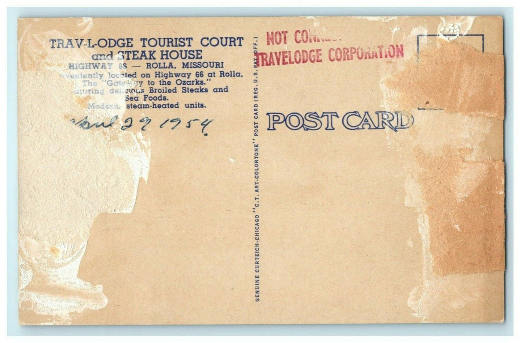 Travlodge Rolla Missouri Travel Lodge Highway 66 Vintage 1954 Postcard