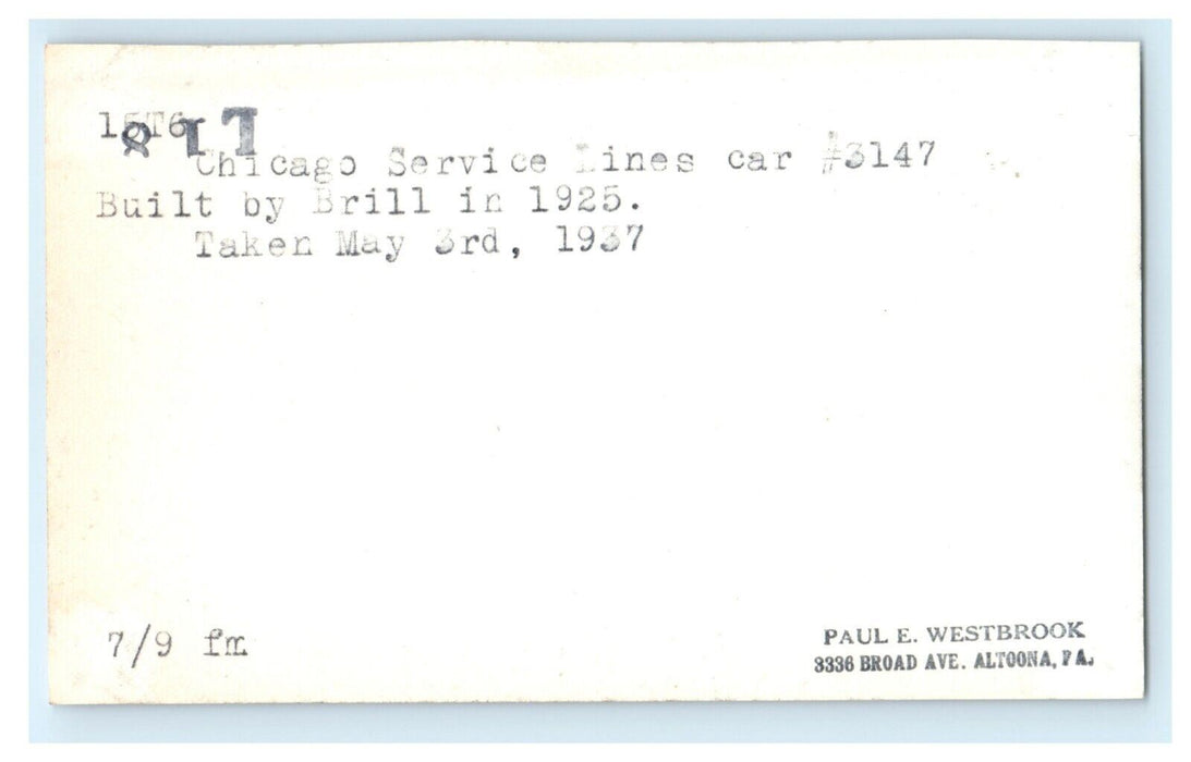 1937 Chicago Streetcar Trolley Illinois IL #3147 Paul Westbrook Photo
