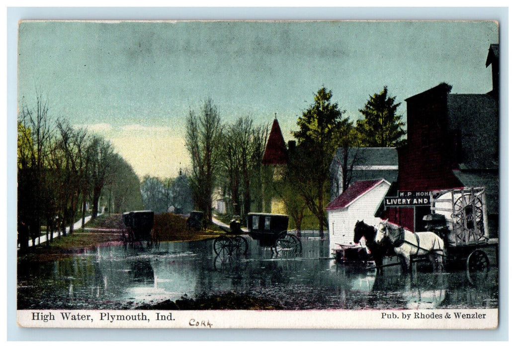 1909 View of High Water, Horse Carriage, Plymouth Indiana IN Postcard