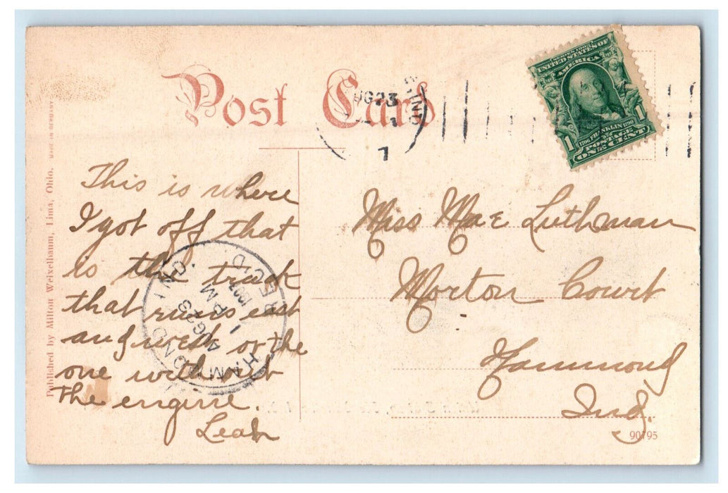 1907 Train in Union Station Kendallville Indiana IN Posted Antique Postcard