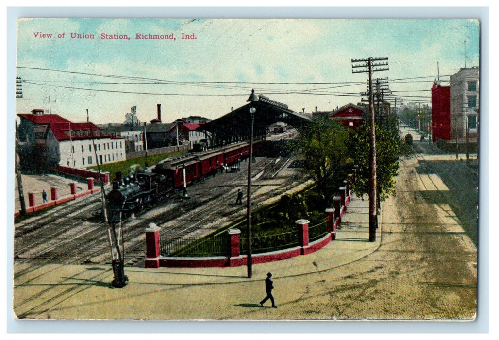 1910 View of Train Outgoing, Union Station Richmond Indiana IN Postcard