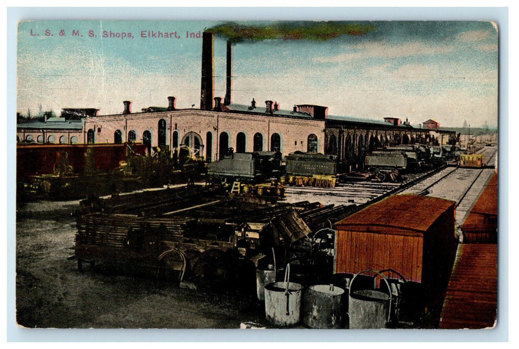 1914 Factory Smoke, L.S. & M.S. Shops Elkhart Indiana IN Posted Postcard