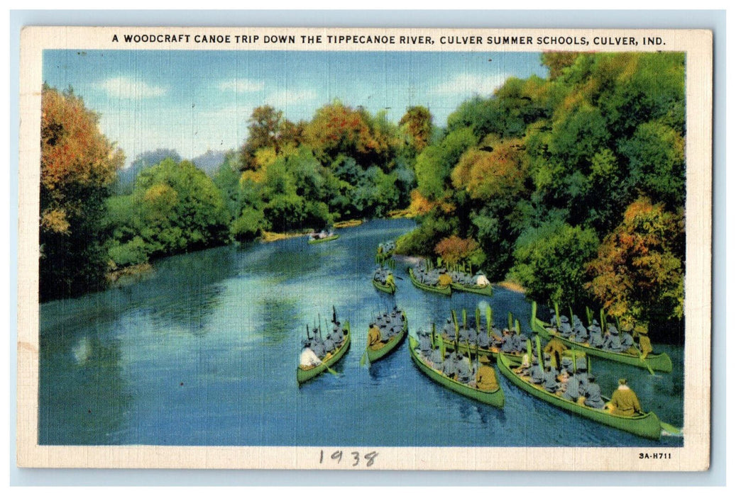 1938 Woodcraft Canoe Trip Down Tippecanoe River, Culver Indiana IN Postcard