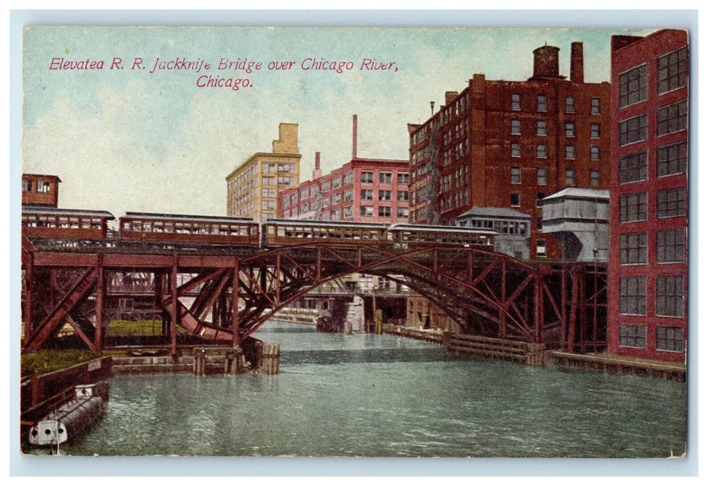 c1910 Elevatea Railroad Jackknife Bridge Over Chicago River Chicago IL Postcard