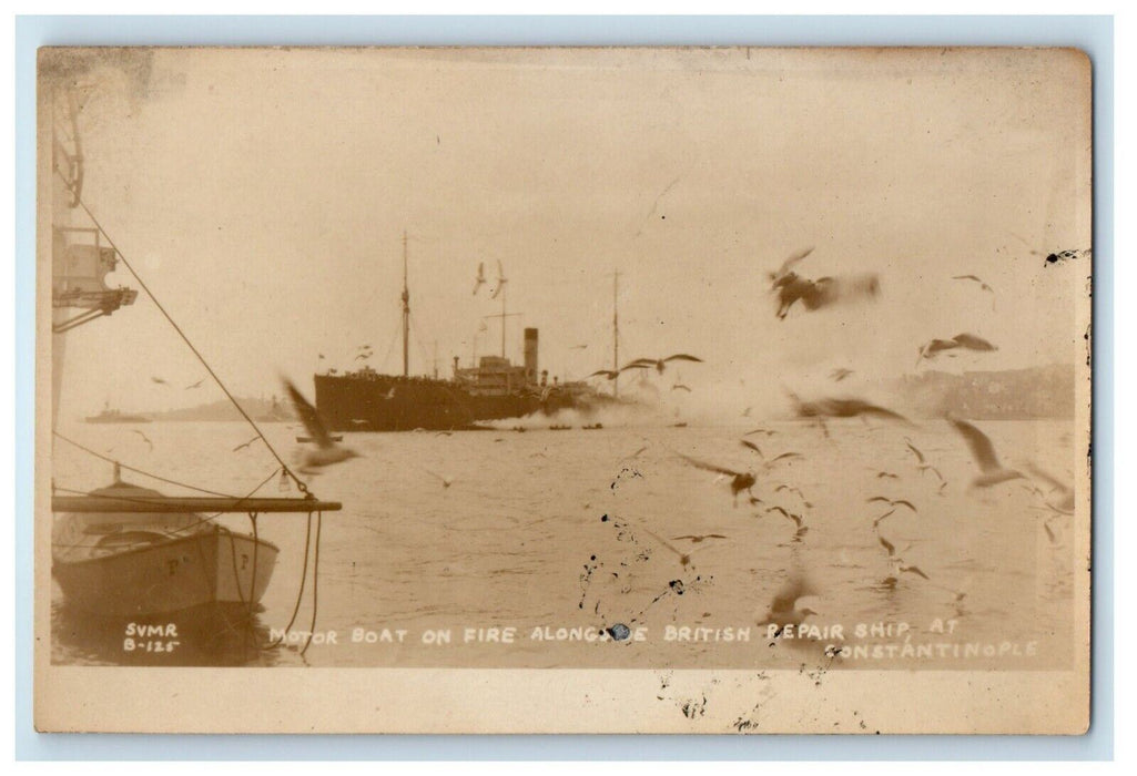 c1920 USS Pittsburgh Fire British Ship Constantinople Turkey RPPC Photo Postcard