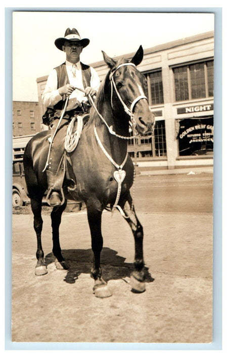 Man On Horse Back 2106 2nd Ave Golden West Garage Seattle WA RPPC Photo Postcard
