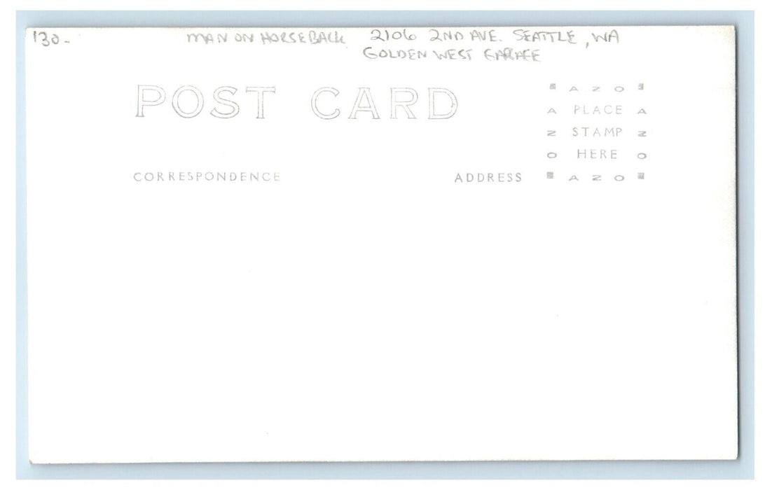 Man On Horse Back 2106 2nd Ave Golden West Garage Seattle WA RPPC Photo Postcard
