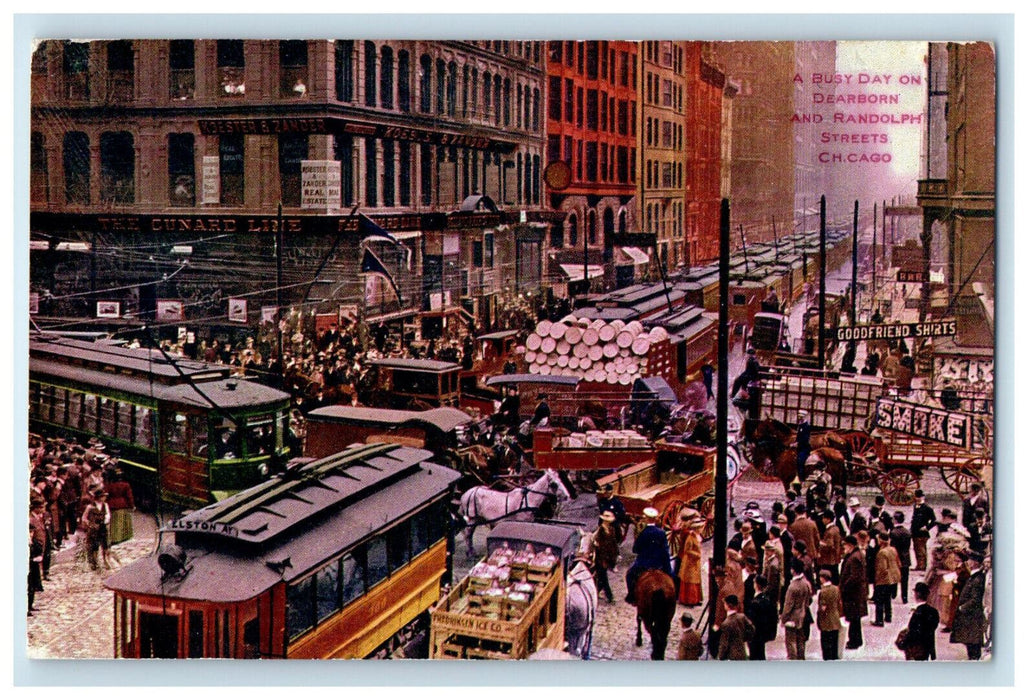 1910 A Busy Day on Dearborn and Randolph Streets Chicago IL Postcard