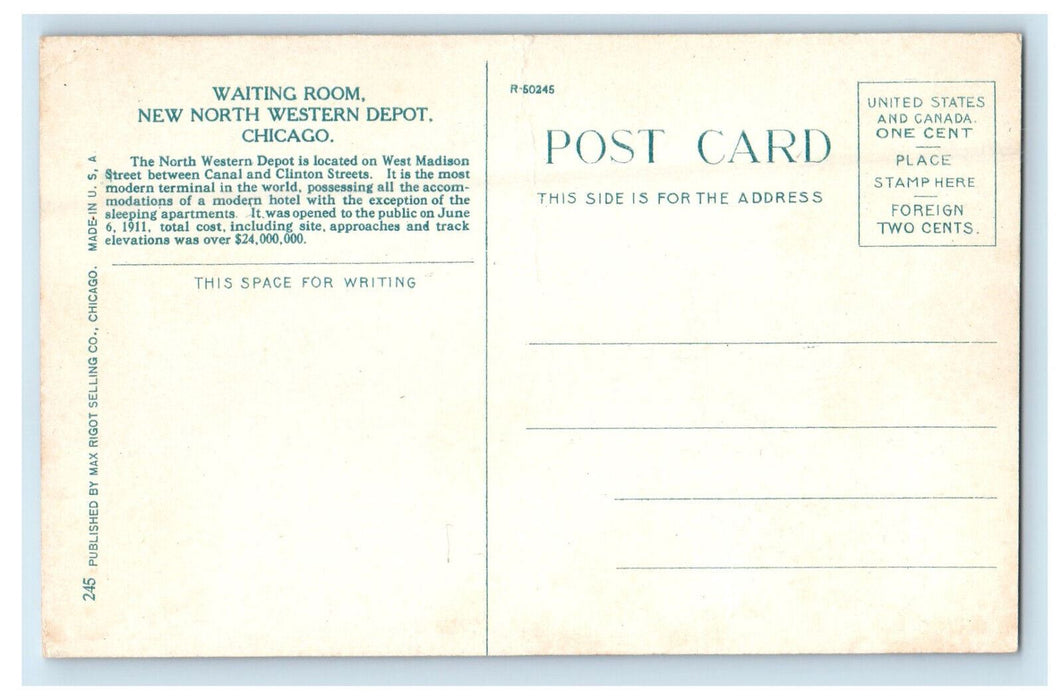 c1910 Waiting Room North Western Depot Chicago Illinois IL Unposted Posted