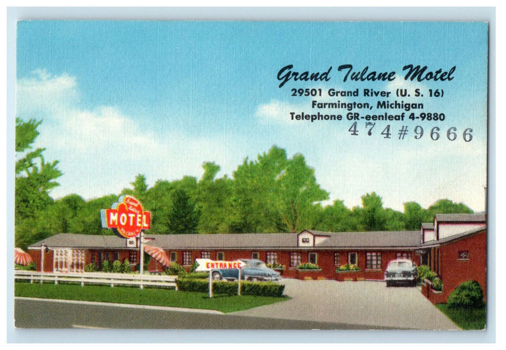c1940s Grand Tulane Motel Farmington Michigan MI Vintage Postcard