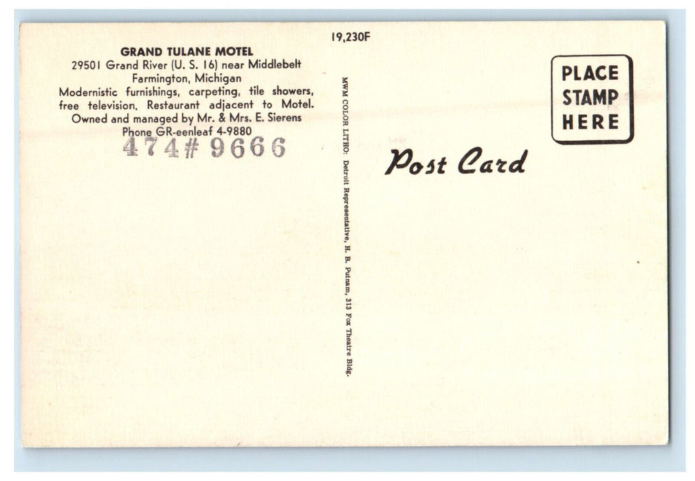 c1940s Grand Tulane Motel Farmington Michigan MI Vintage Postcard