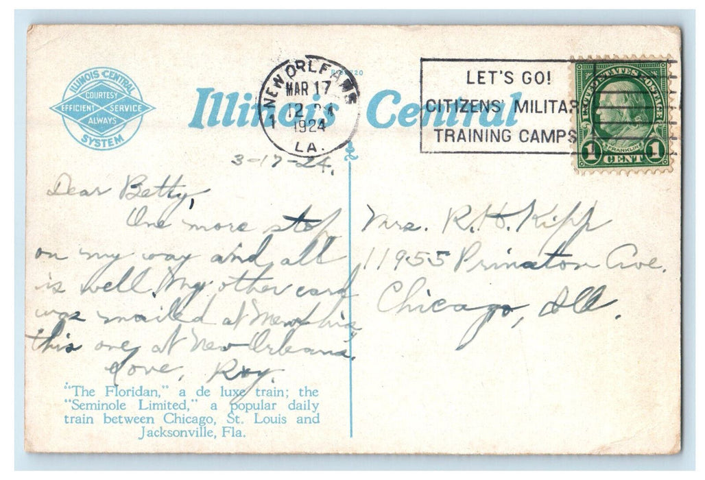1924 The Floridan, Seminole Limited, Hemming Park, Jacksonville FL Postcard