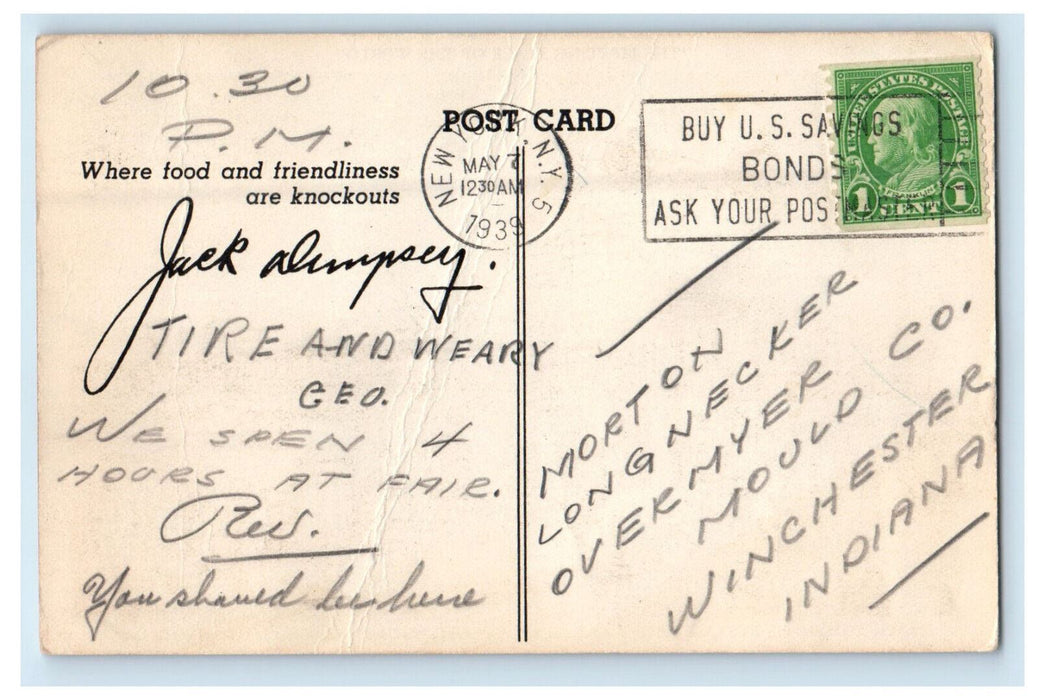 1939 Jack Dempsey's Restaurant Madison Square Garden New York City NY Postcard