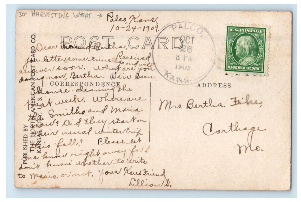 1909 Harvesting Wheat Farmers Palco Kansas KS RPPC Photo Posted Antique Postcard