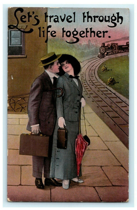 Let's Travel Through Life Together Train Victorian Albion Romantic 1916 Postcard