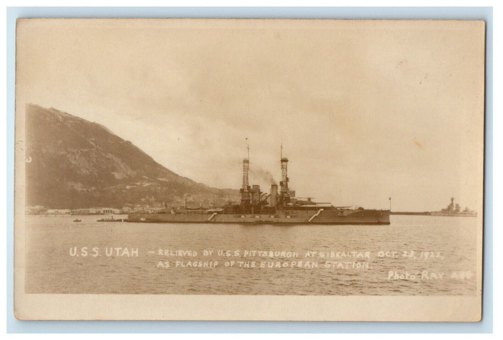 1922 USS Pittsburgh Gibraltar European Station USS Utah RPPC Photo Postcard