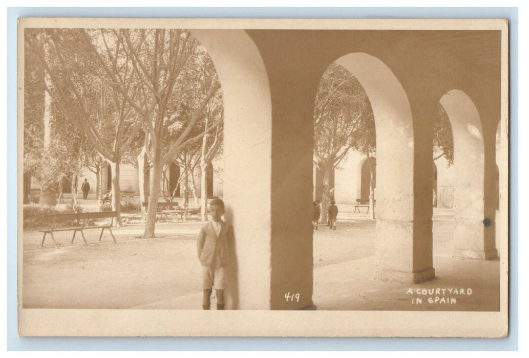 c1920's A Courtyard In Spain, Boy Children RPPC Photo Unposted Vintage Postcard