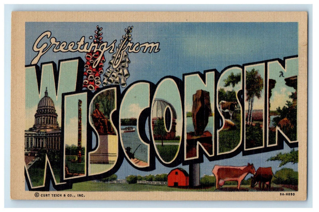 c1950s Barnhouse, Cows, Big Letters Greetings from Wisconsin WI Vintage Postcard