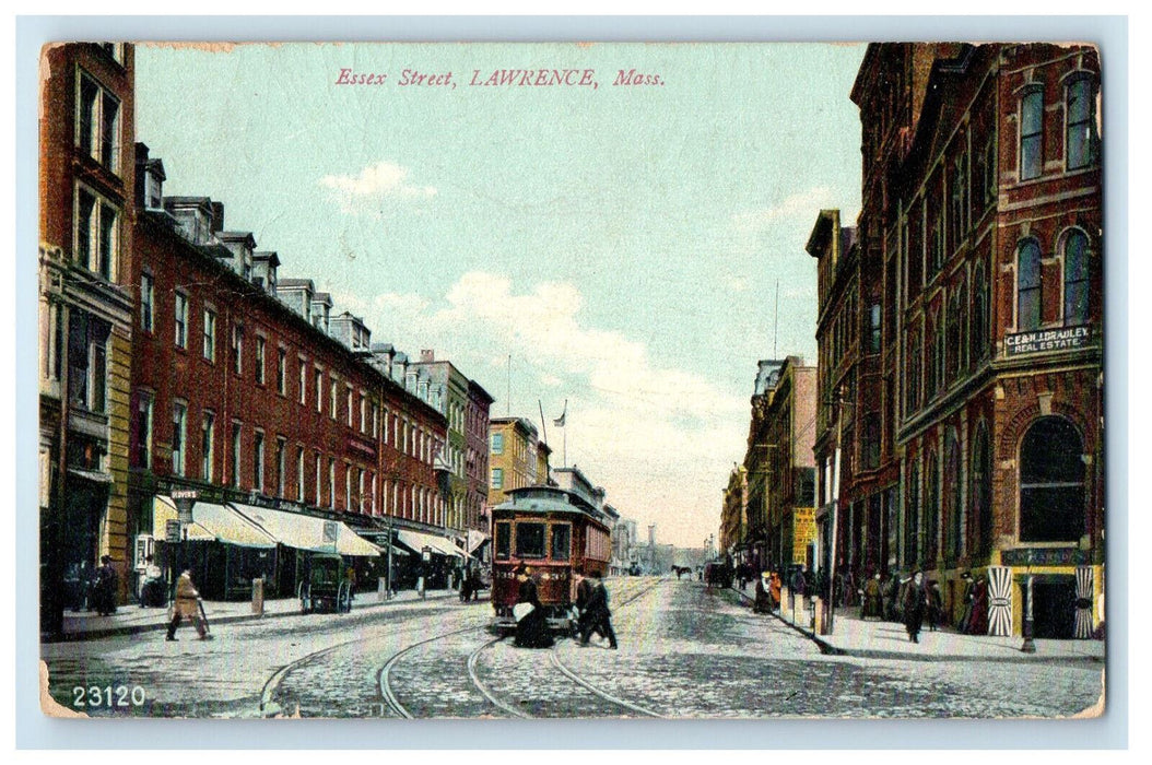 1907 Streetcar Trolley, Essex Street Lawrence Massachusetts MA Postcard