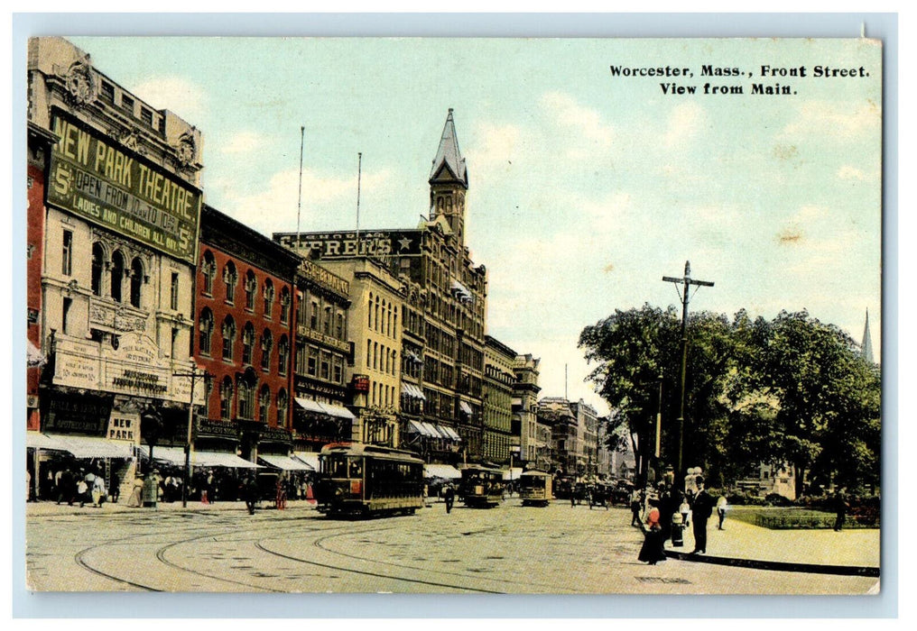 1911 Trolley, View from Main, Front Street, Worcester Massachusetts MA Postcard