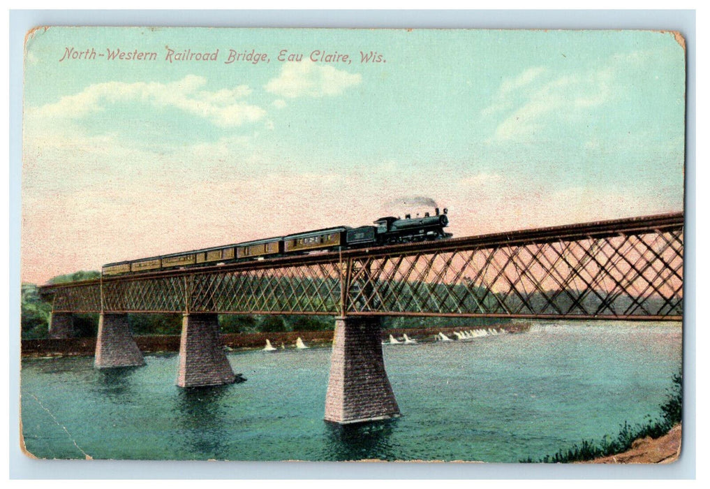 c1910 Train Approaching, North-Western Railroad Bridge, Eau Claire WI Postcard