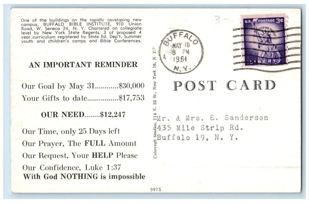 1961 Buffalo Bible Institute Building Seneca New York NY, Advertising Postcard