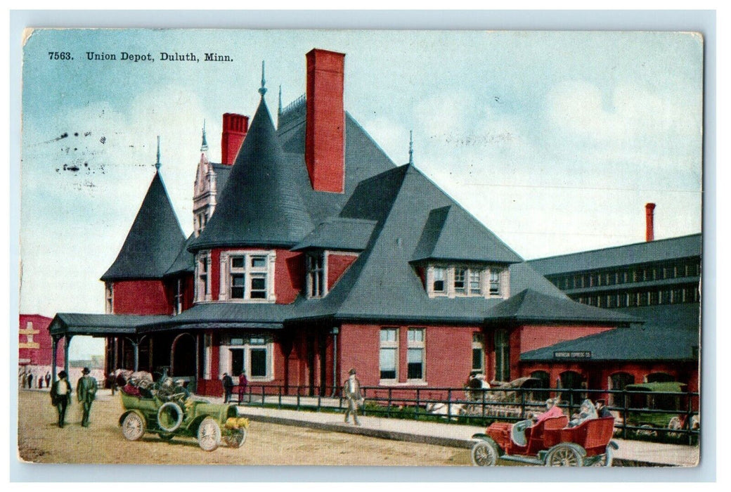 1914 Union Depot Station Railroad Cars Duluth Minnesota MN Antique Postcard