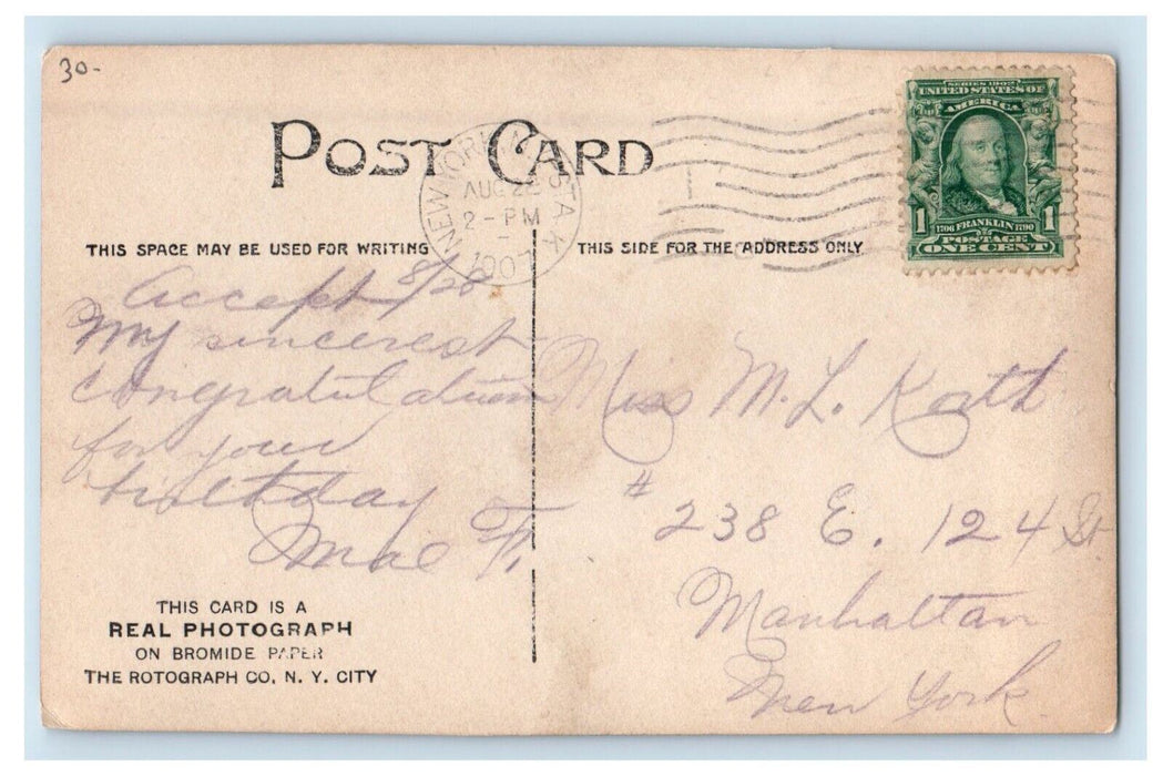 1907 Birthday Greetings Chicks Flowers Rotograph RPPC Photo Antique Postcard