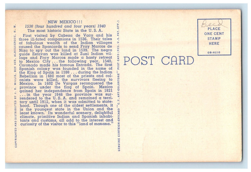 c1930s Discoverer of New Mexico, Greetings from New Mexico MN Postcard