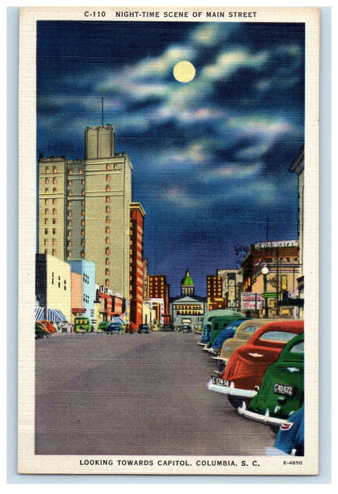 c1930s Night-Time of Main Street Columbia South Carolina SC Posted Postcard