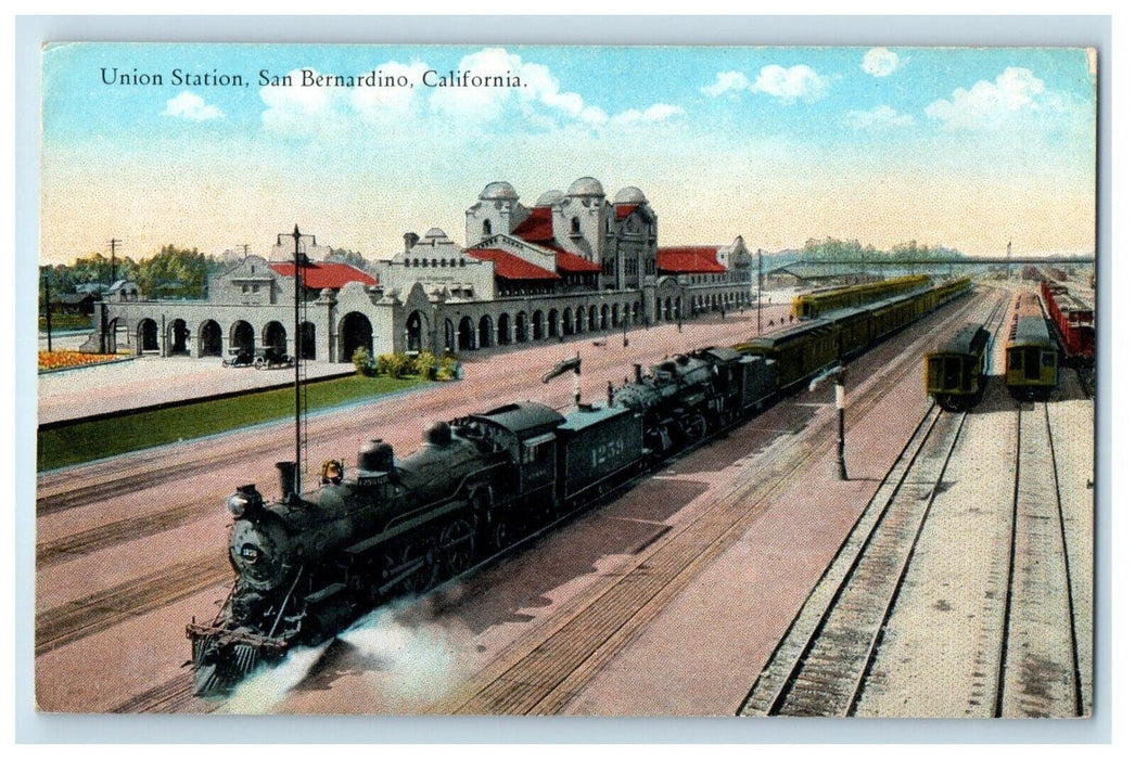 c1910's Union Station Depot Railroad Train San Bernardino California CA Postcard