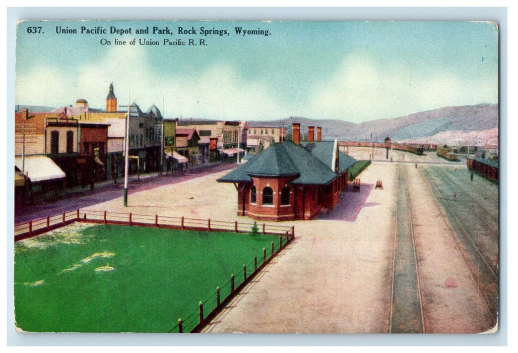 c1910's Union Pacific Depot And Park Rock Springs Wyoming WY Antique Postcard