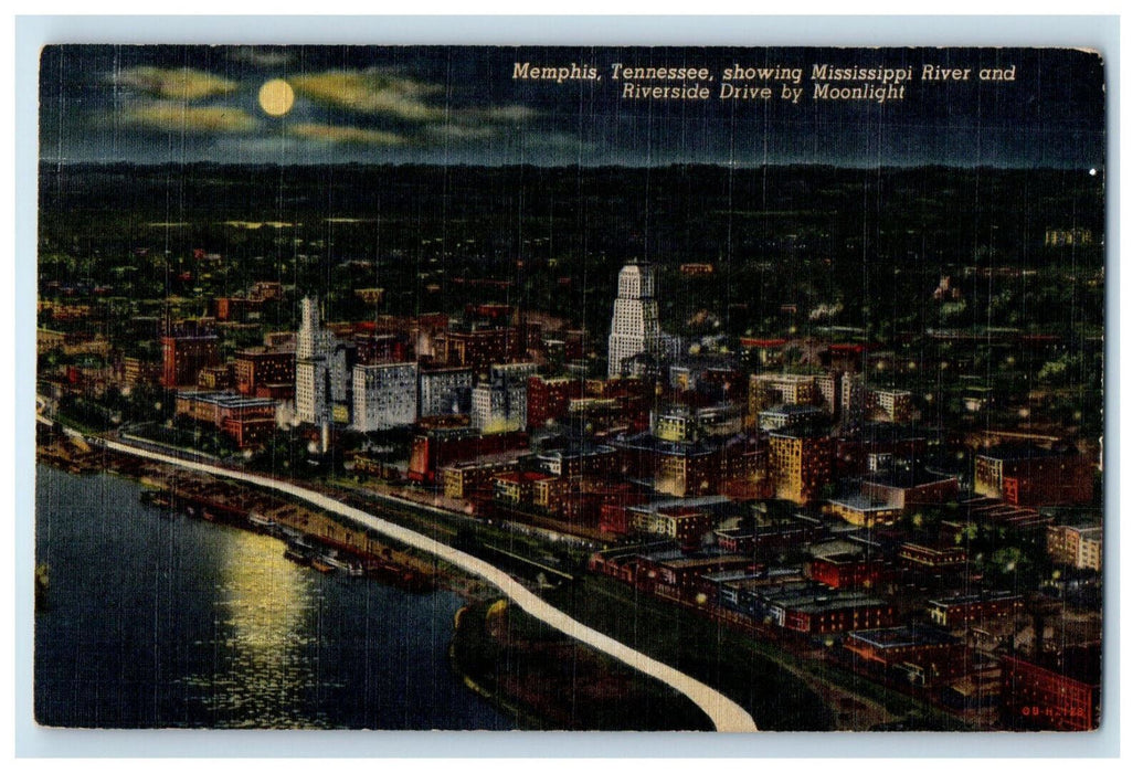 c1930s Mississippi River and Riverside Drive at Night Memphis TN Postcard