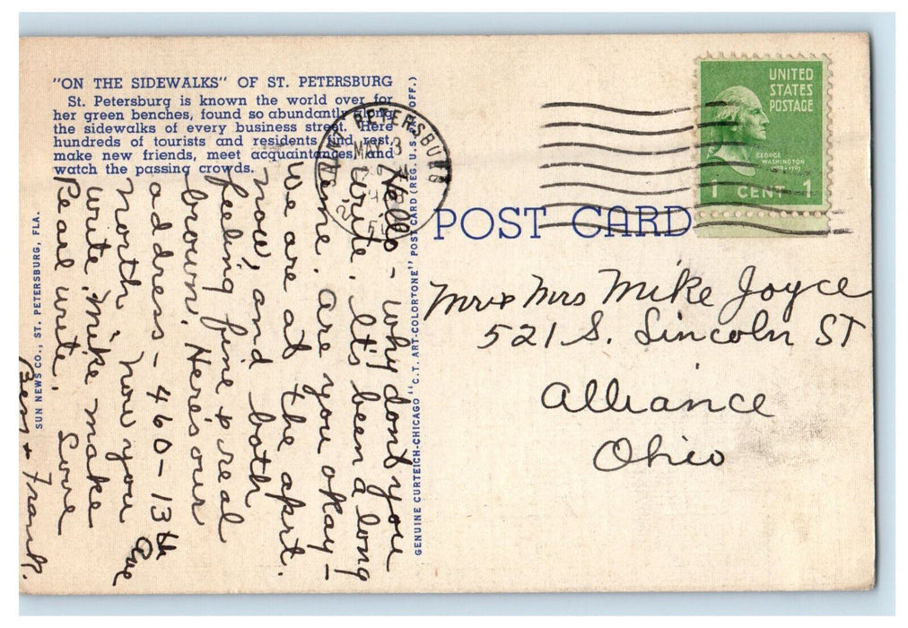 1948 Enjoying The Green Benches, St. Petersburg Florida FL Posted Postcard