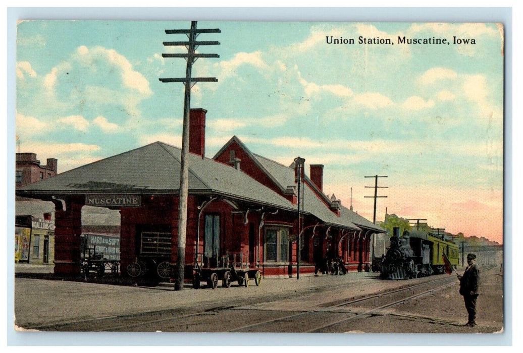 1912 Union Station Depot Railroad Train Muscatine Iowa IA Antique Postcard