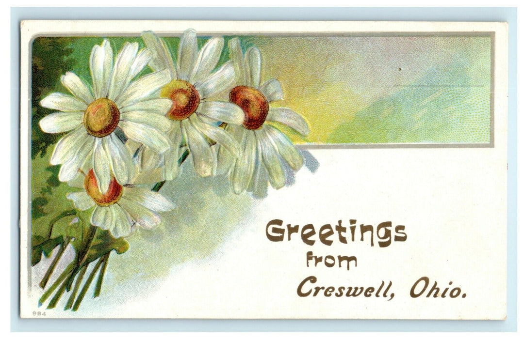 Rare 1909 Creswell Broadacre Ohio OH Greeting Embossed Flowers Postcard