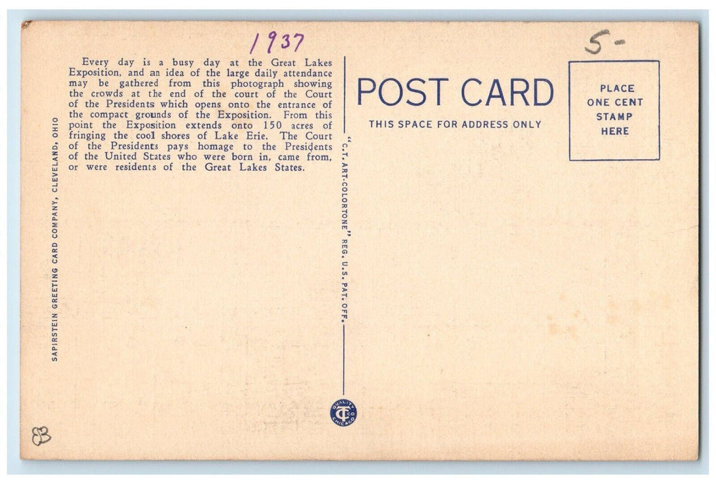 Court Of Presidents Looking South Great Lakes Exposition Cleveland OH Postcard
