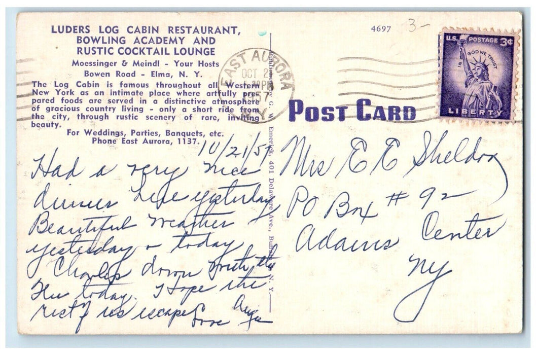 1957 Luder  S Log Cabin Restaurant Dining Room Interior Elma NY Posted Postcard