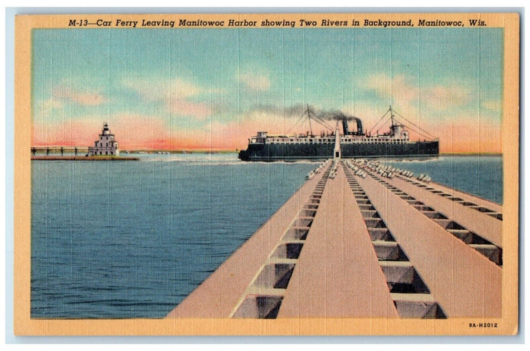 Car Ferry Leaving Manitowac Harbor Showing Two Rivers In Background WI Postcard