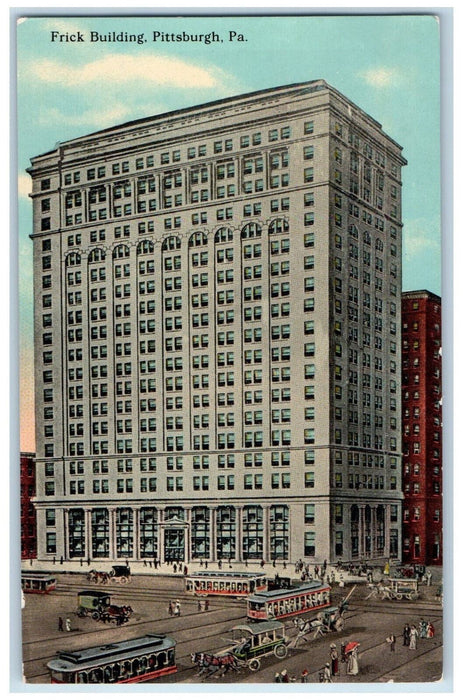 c1910 Trolley Car, Horse Carriage, Frick Building Pittsburgh PA Postcard