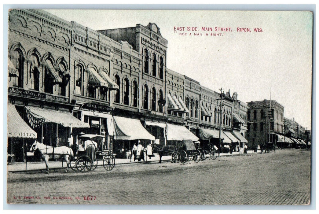c1910 Rexall Drugstore, Horse Carriage, Carpets Main Street Ripon WI Postcard
