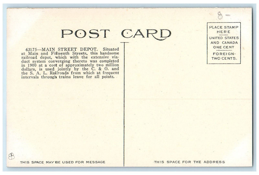 c1910 Main Street Depot C. & O. and S. A. L. Railroads Richmond VA Postcard