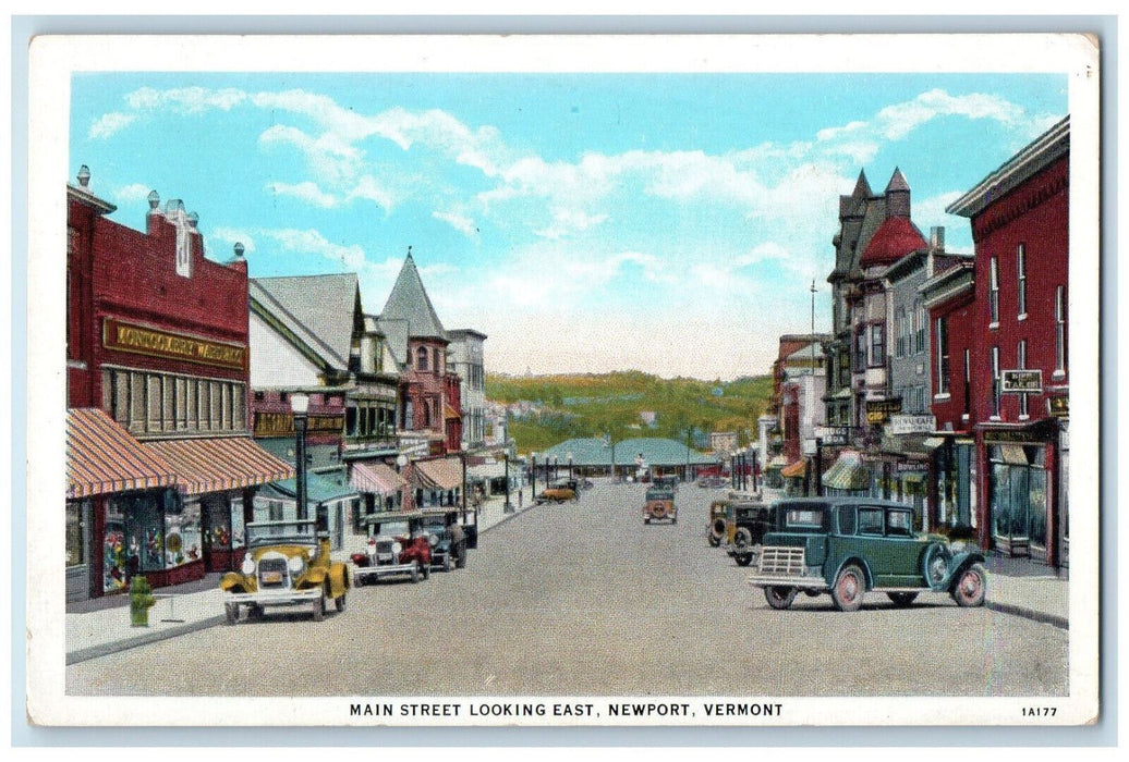 c1920's Cafe, Tailor, Soda Stores, Main Street Newport Vermont VT Postcard