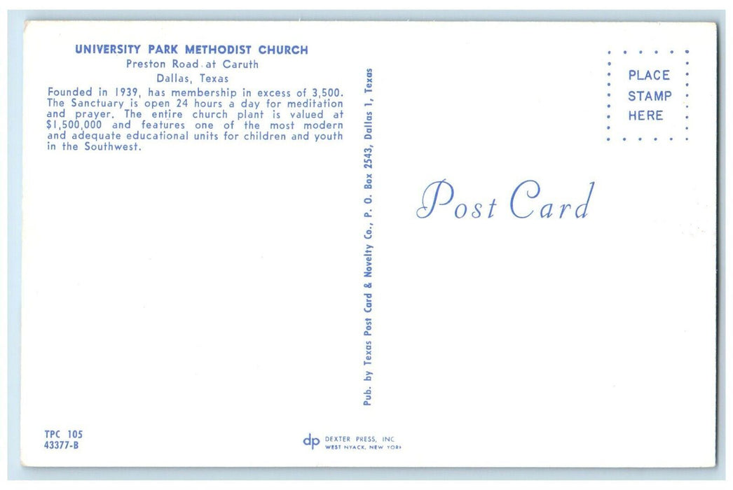 c1950's University Park Methodist Church Dallas Texas TX Vintage Postcard