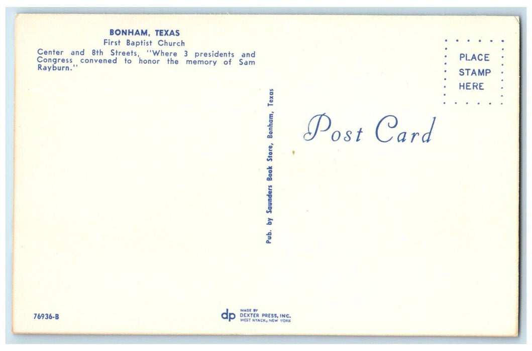 c1950's View Of First Baptist Church Bonham Texas TX Unposted Vintage Postcard